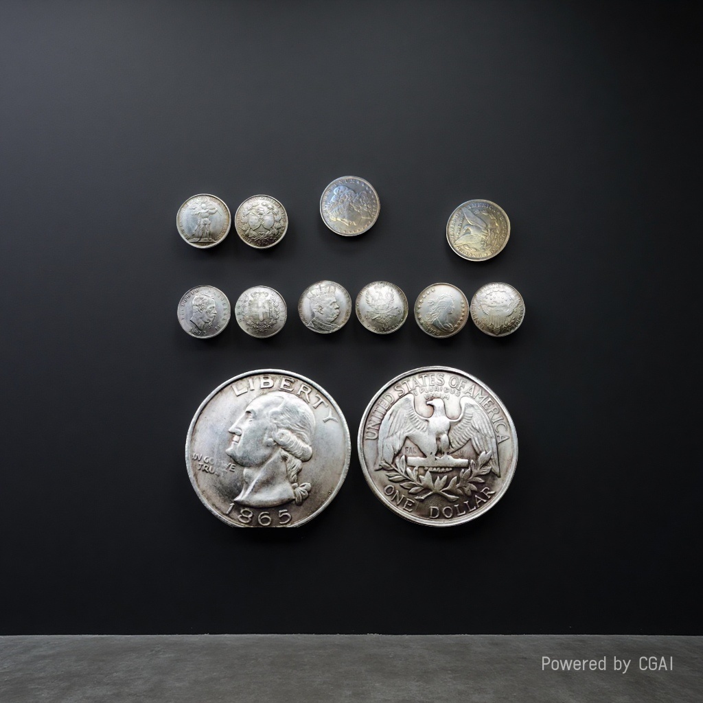 Silver-plated antique silver dollars, multi-country silver dollar collection, American, Spanish, Austrian and Hungarian silver dollar set, brass wave box Specification image