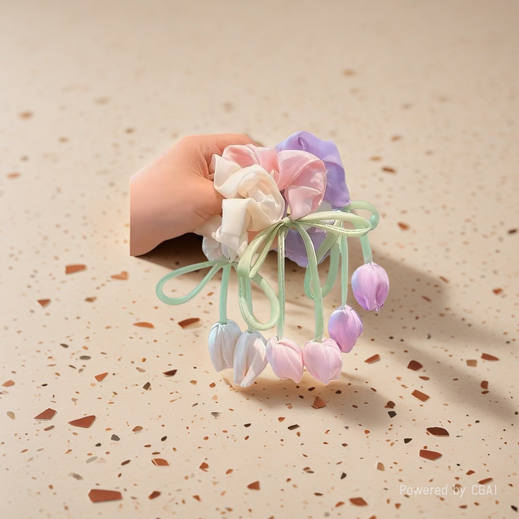 Zhenzhu holds a flower-shaped Hanfu headpiece, a hair band and an integrated tulip headband