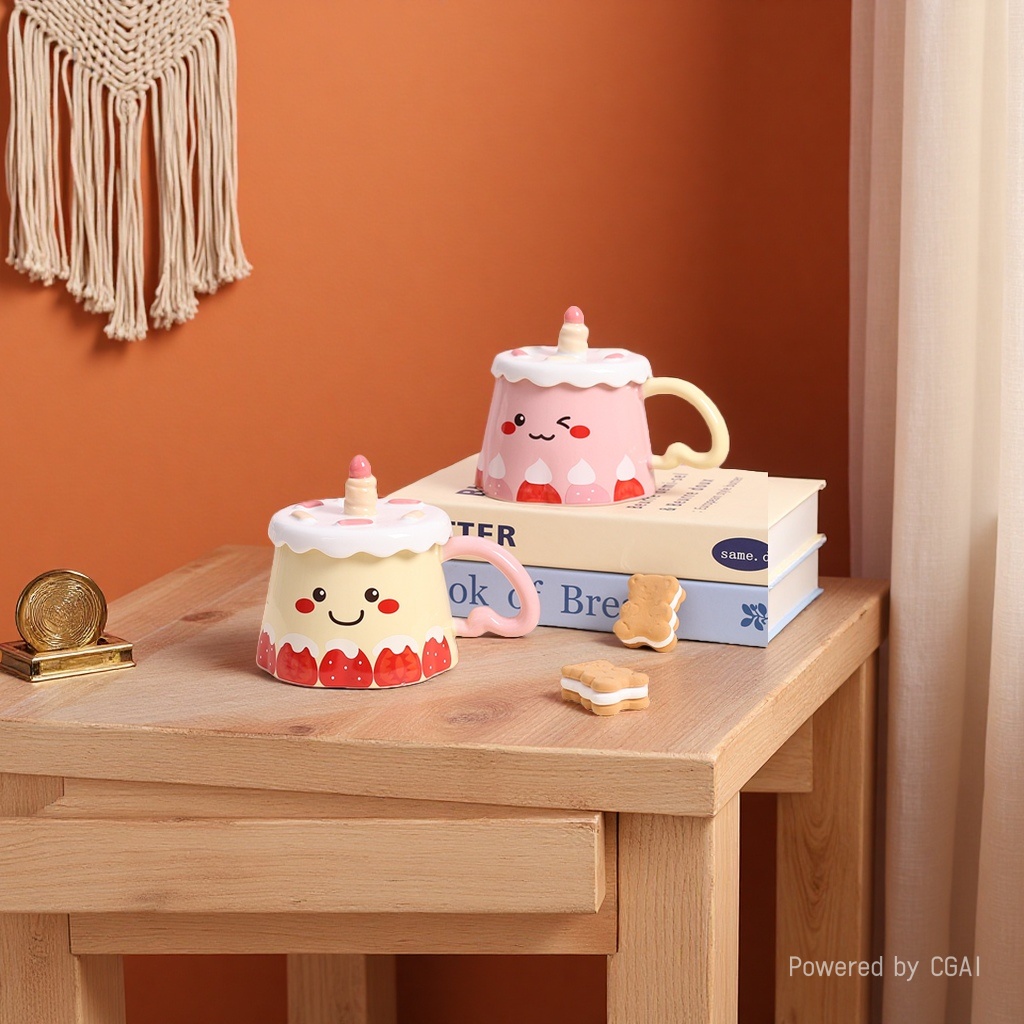 Creative birthday gifts, cute strawberry cake cups, children's gift boxes, high-quality ceramic mugs with LIDS as souvenirs details Picture