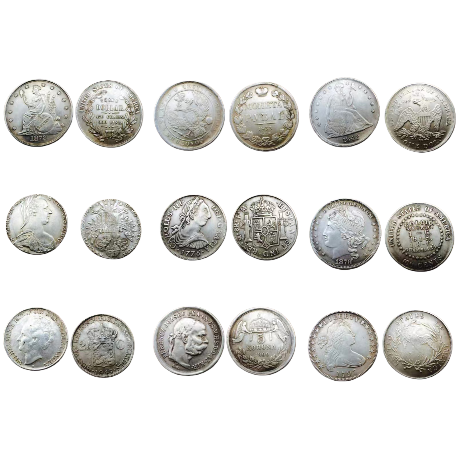 Silver-plated antique silver dollars, multi-country silver dollar collection, American, Spanish, Austrian and Hungarian silver dollar set, brass wave box Item Picture