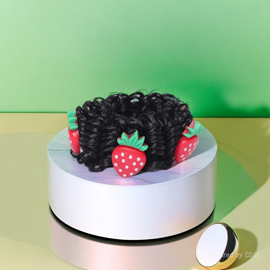 Strawberry-decorated black large intestine hair band, hair accessory and hair tie details Picture