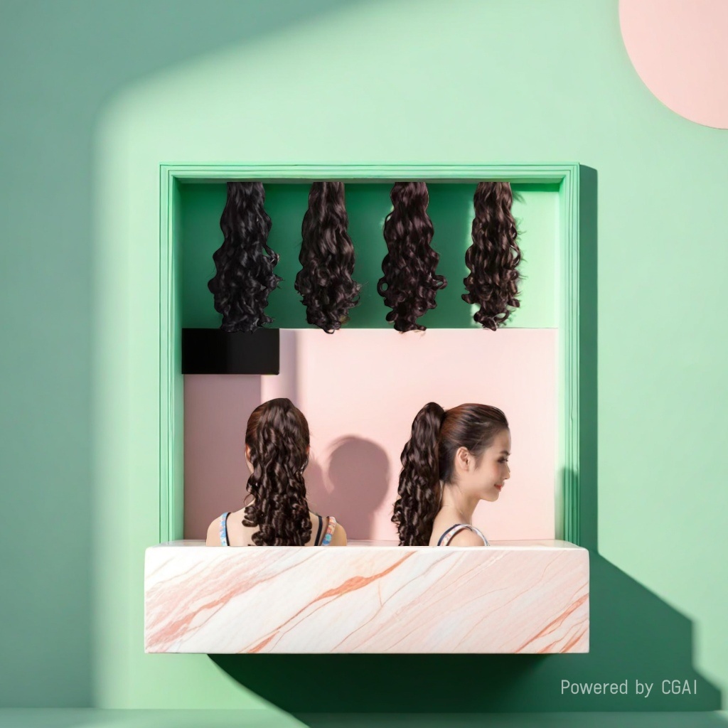 Christmas wig, curly hair, ponytail extension, realistic and natural drape details Picture