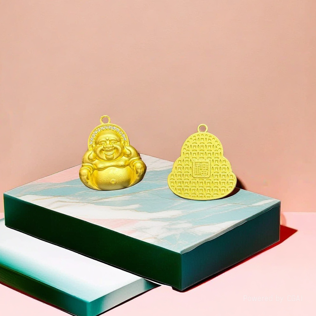 Golden Buddha statue pendant, fruit shell electroplated dot diamond jewelry pendant, golden bracelet and couple ring 999 Specification image