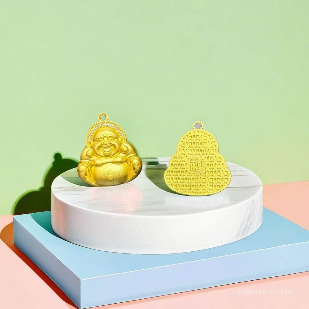 Golden Buddha statue pendant, fruit shell electroplated dot diamond jewelry pendant, golden bracelet and couple ring 999 details Picture