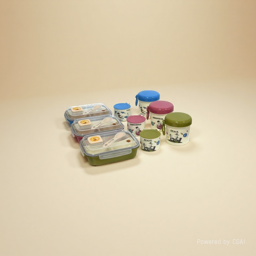 The bento box set features a colorful cartoon pattern with a lid and compartments. It comes with a spoon and a silicone transparent fresh-keeping box