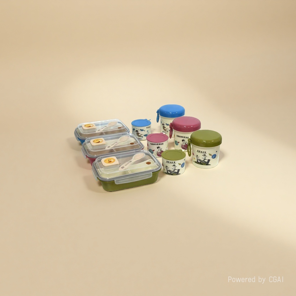 The bento box set features a colorful cartoon pattern with a lid and compartments. It comes with a spoon and a silicone transparent fresh-keeping box details Picture