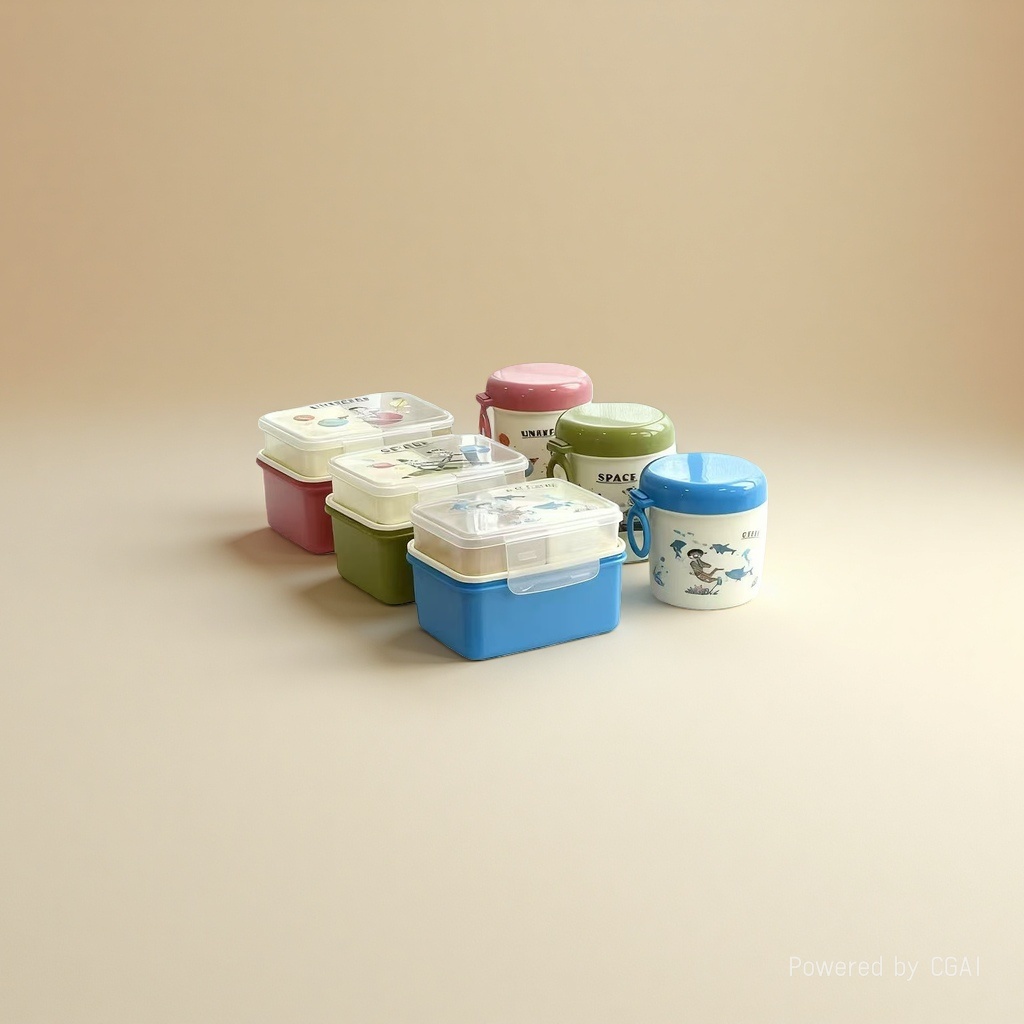 The bento box set features a colorful cartoon pattern with a lid and compartments. It comes with a spoon and a silicone transparent fresh-keeping box Application Scenario