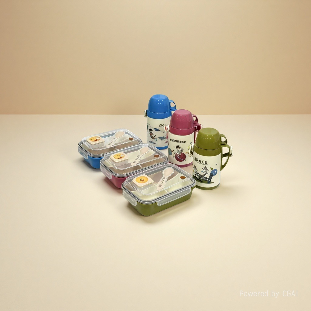 The bento box set features a colorful cartoon pattern with a lid and compartments. It comes with a spoon and a silicone transparent fresh-keeping box Specification image