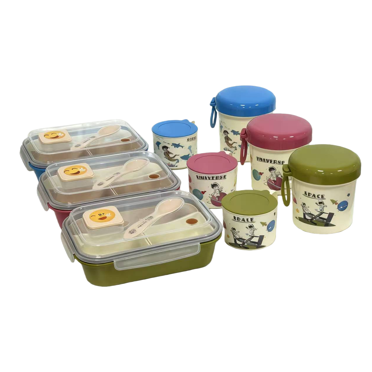 The bento box set features a colorful cartoon pattern with a lid and compartments. It comes with a spoon and a silicone transparent fresh-keeping box Item Picture