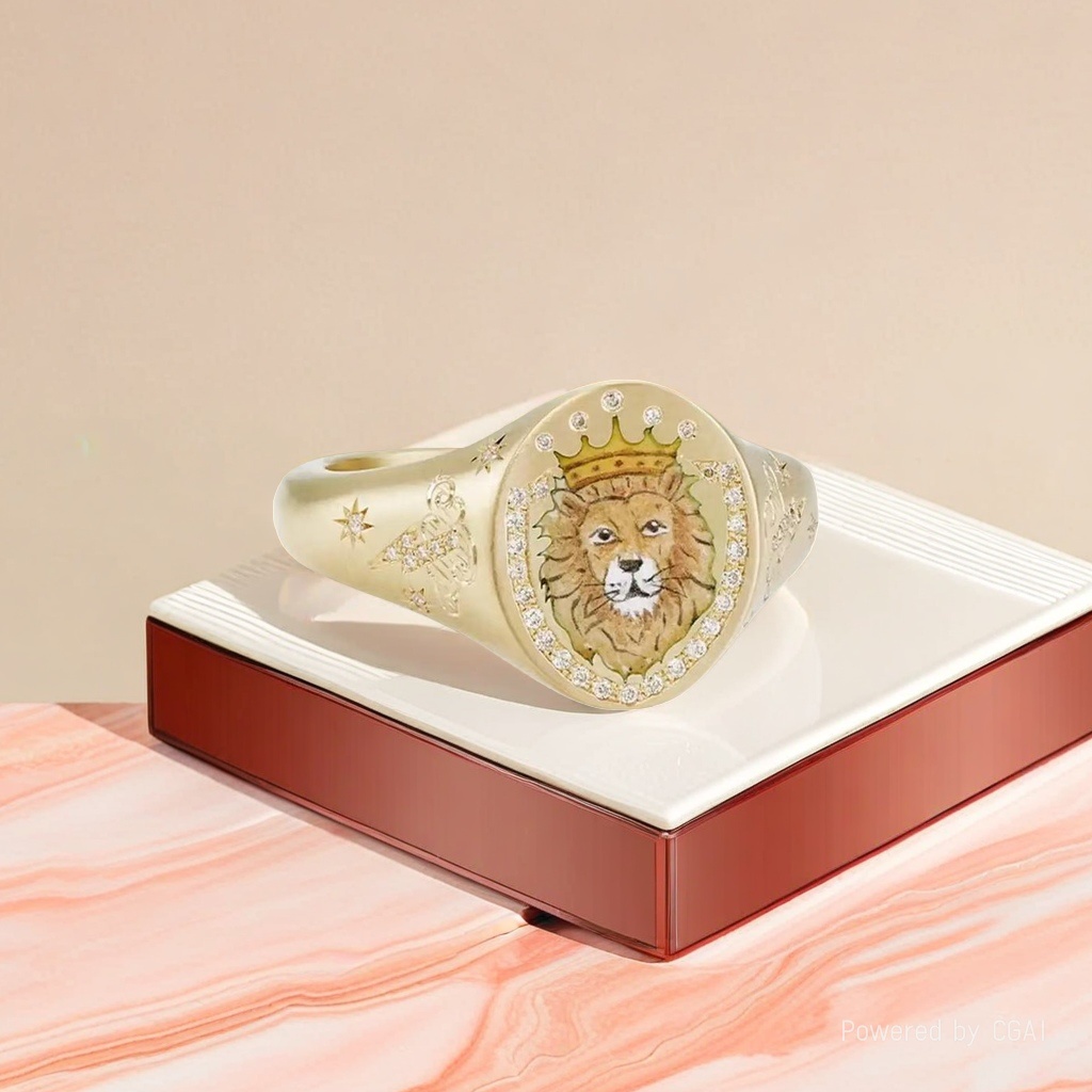 Xu Ping Golden Lion Head badge Jade Ring for men, with a crown lion in the center and diamonds surrounding the ring arm, featuring a star wing pattern of Moissanite details Picture