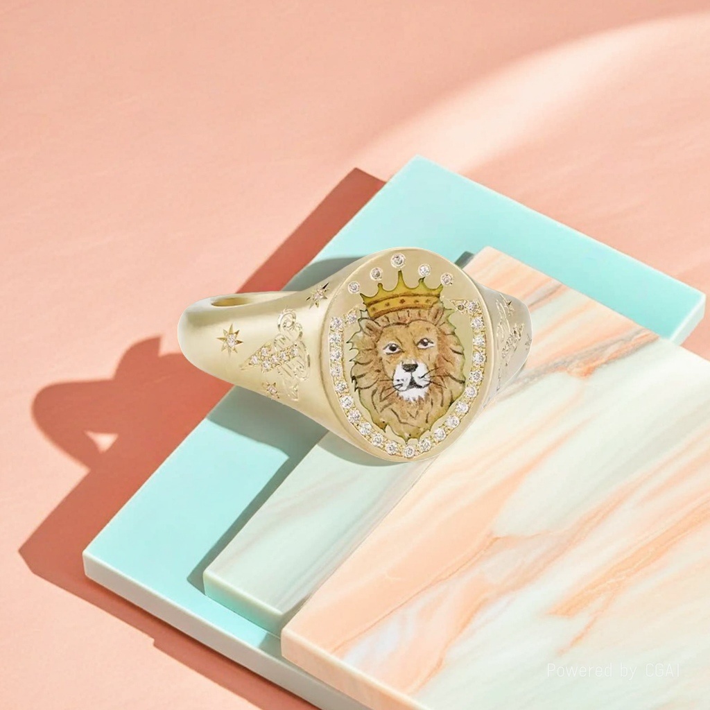 Xu Ping Golden Lion Head badge Jade Ring for men, with a crown lion in the center and diamonds surrounding the ring arm, featuring a star wing pattern of Moissanite Application Scenario