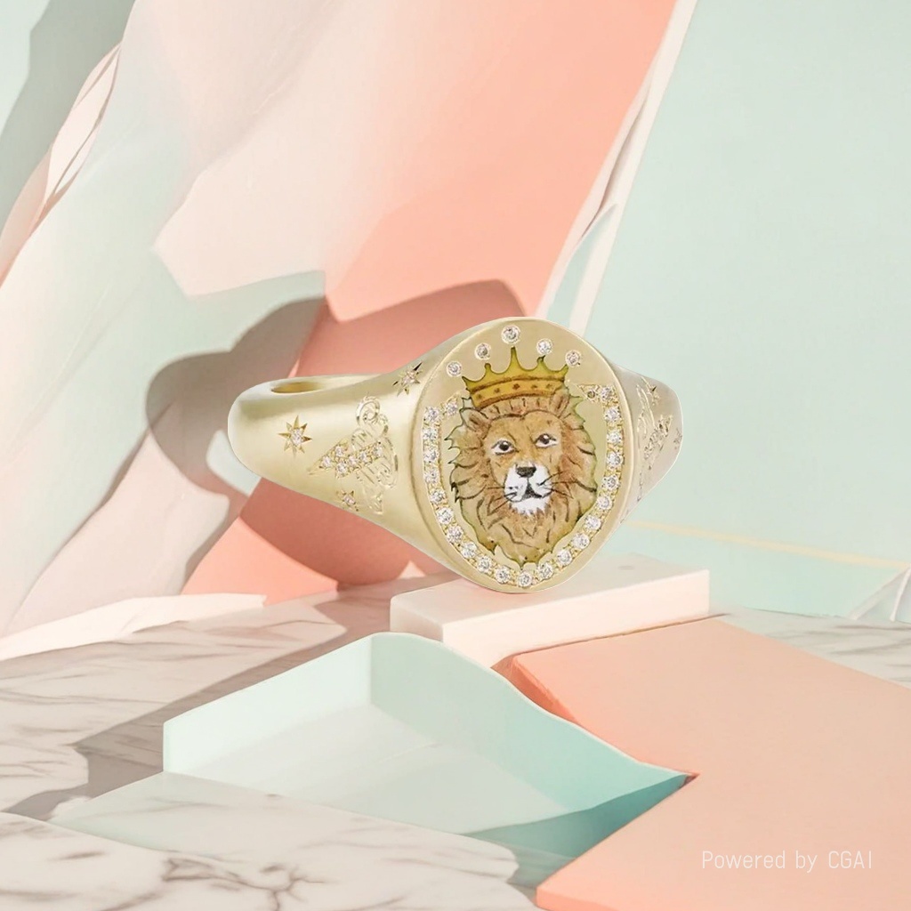 Xu Ping Golden Lion Head badge Jade Ring for men, with a crown lion in the center and diamonds surrounding the ring arm, featuring a star wing pattern of Moissanite Xu Ping Golden Lion Head badge Jade Ring for men, with a crown lion in the center and diamonds surrounding the ring arm, featuring a star wing pattern of Moissanite