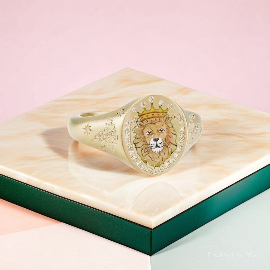 Xu Ping Golden Lion Head badge Jade Ring for men, with a crown lion in the center and diamonds surrounding the ring arm, featuring a star wing pattern of Moissanite Specification image