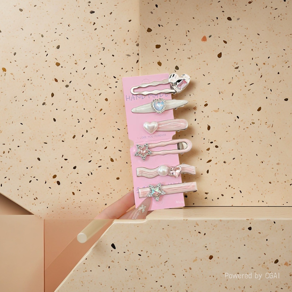 Pink heart-shaped star-shaped pearl metal hair clip and grab accessory details Picture