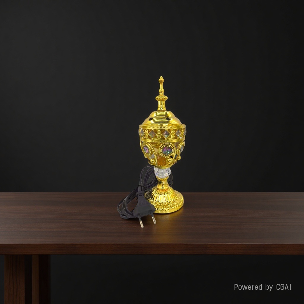 Golden hollowed-out purple copper incense burner with green sapphire decoration, black power incense stick, incense seal, Arabic alloy incense burner Application Scenario