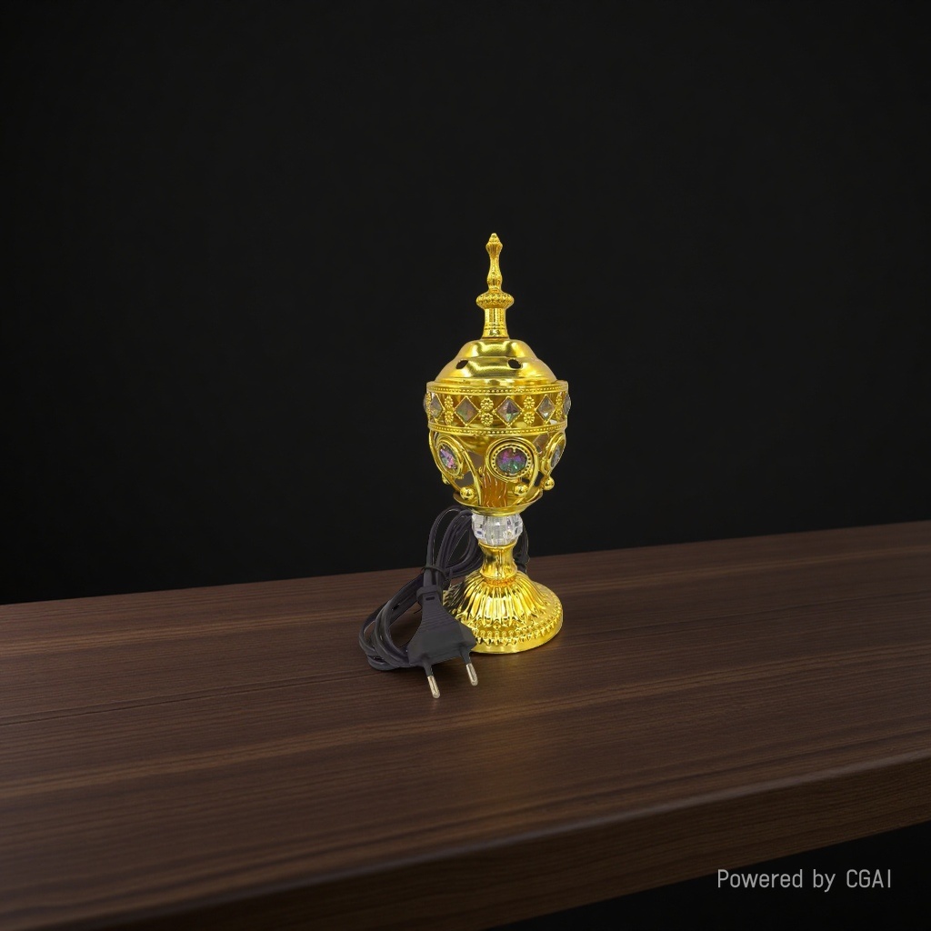 Golden hollowed-out purple copper incense burner with green sapphire decoration, black power incense stick, incense seal, Arabic alloy incense burner details Picture