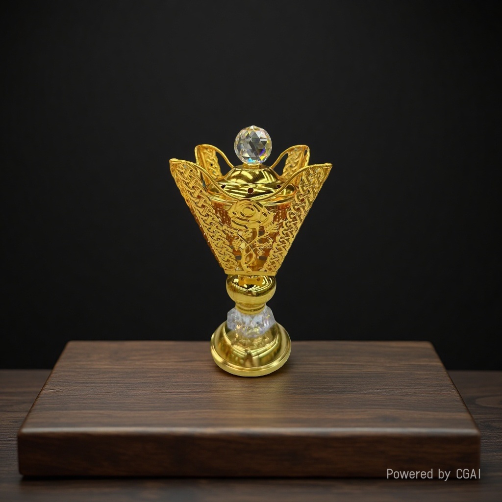 A golden hollowed-out Arabian alloy incense burner with green and sapphire decorations, featuring a black power stick and incense seal details Picture