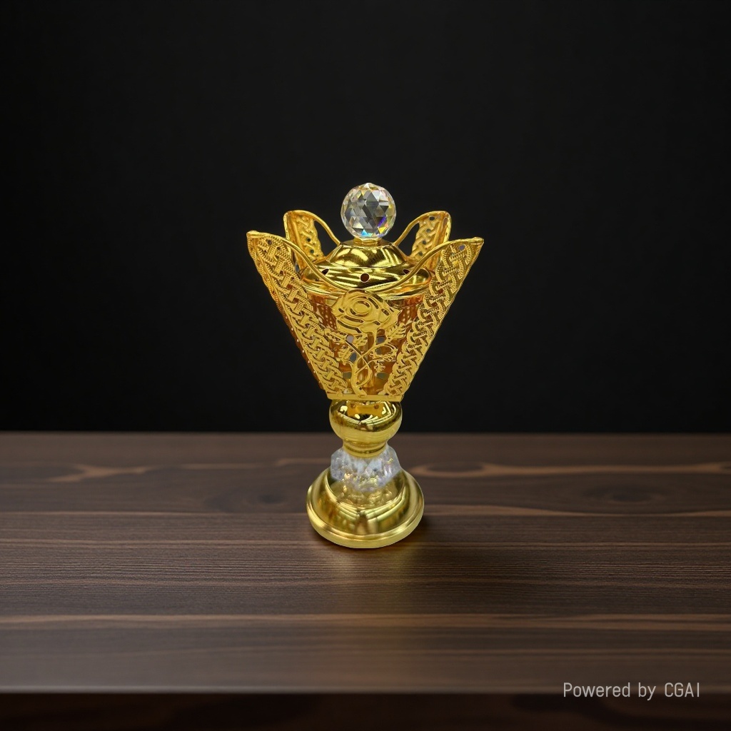 A golden hollowed-out Arabian alloy incense burner with green and sapphire decorations, featuring a black power stick and incense seal Application Scenario