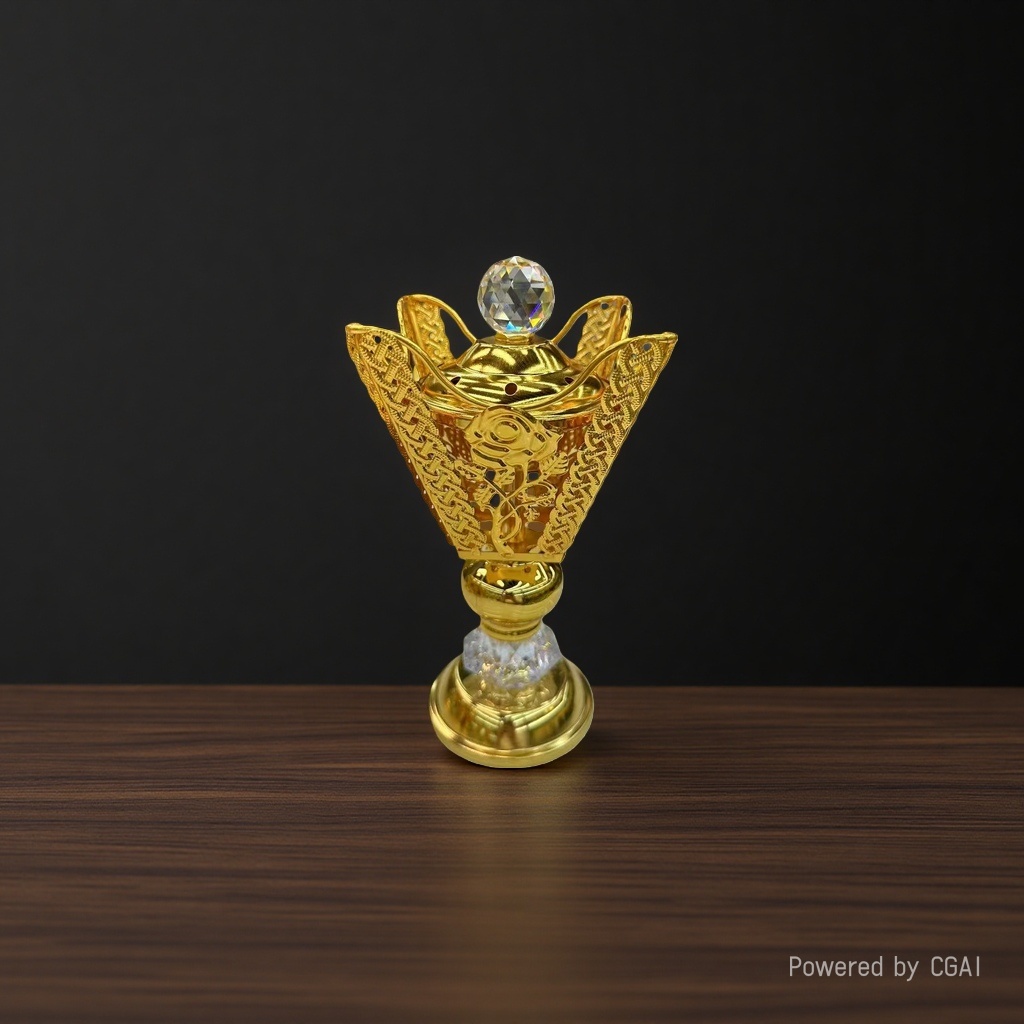 A golden hollowed-out Arabian alloy incense burner with green and sapphire decorations, featuring a black power stick and incense seal Specification image