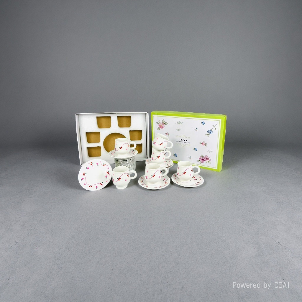 Ceramic white coffee cup and saucer set gift box contains six coffee cups and saucers with cherry flower patterns Specification image