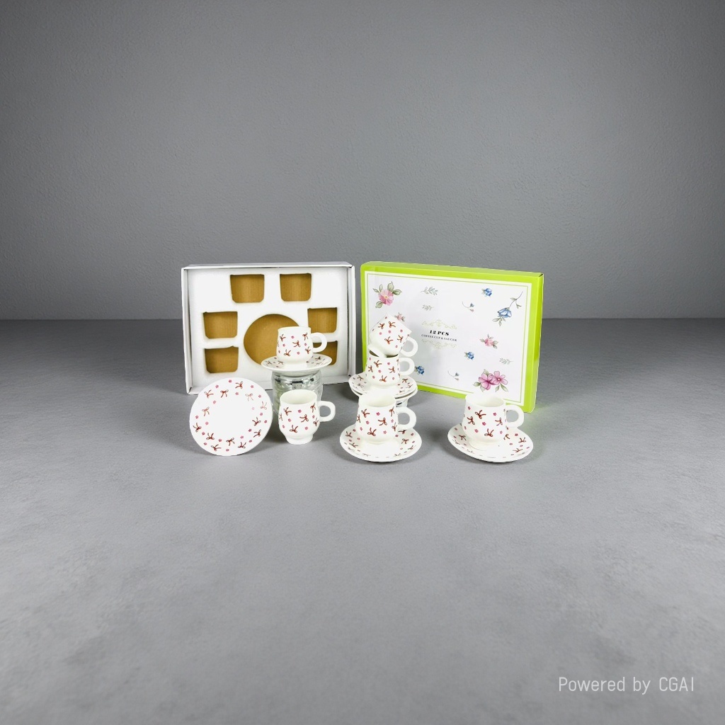 Ceramic white coffee cup and saucer set gift box contains six coffee cups and saucers with cherry flower patterns Application Scenario