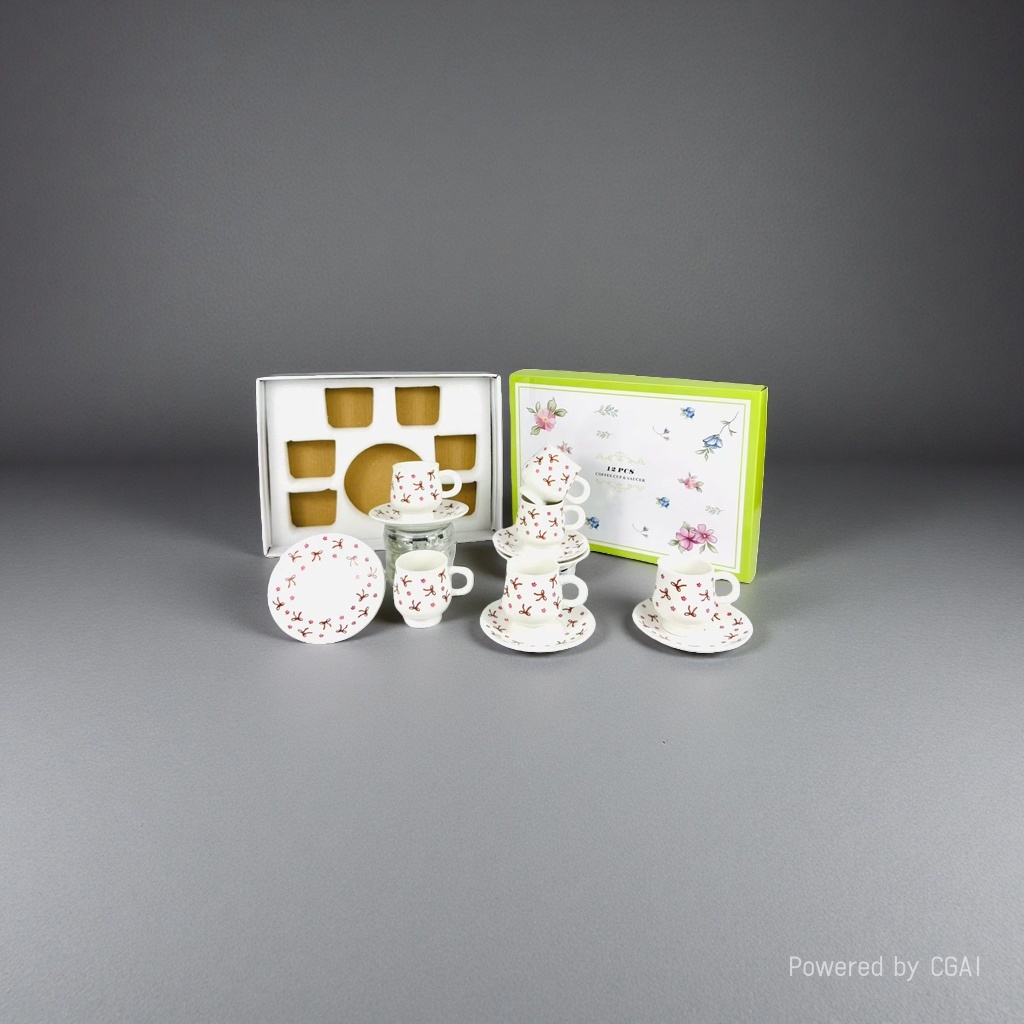 Cerámica blanca taza de café y platillo set caja de regalo contiene cereza diseño floral taza de café y platillo seis tazas seis platos Specification image