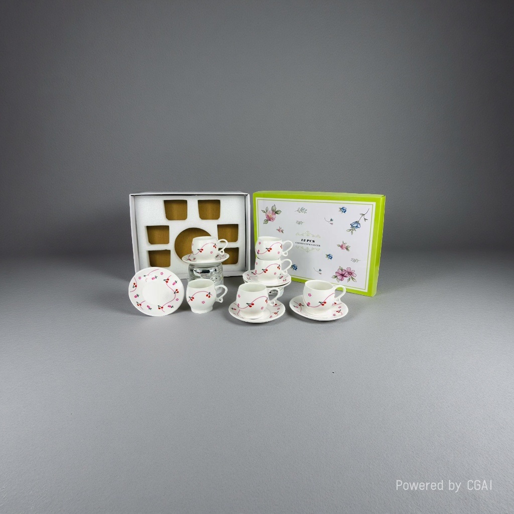 The ceramic white coffee cup and saucer set gift box contains six coffee cups and saucers with cherry flower patterns