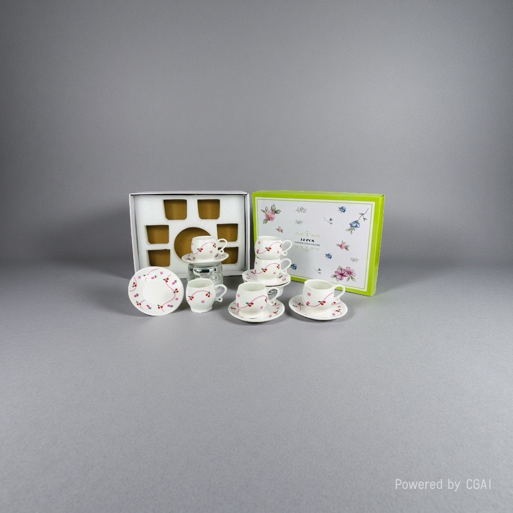 Cerámica blanca taza de café y platillo set caja de regalo contiene cereza diseño floral taza de café y platillo seis tazas seis platos details Picture