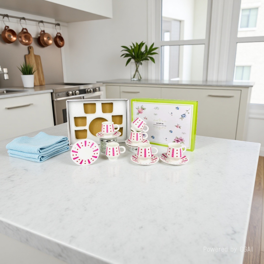 A fresh and delicate floral patterned ceramic white coffee cup and saucer set gift box, six cups and six saucers details Picture