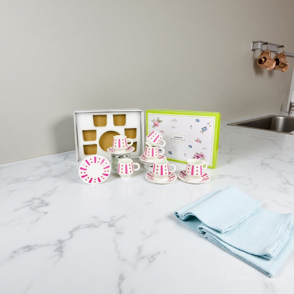 A fresh and delicate floral patterned ceramic white coffee cup and saucer set gift box, six cups and six saucers