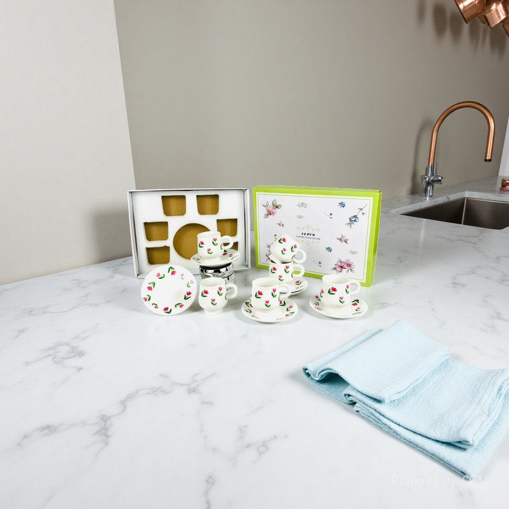 Ceramic white coffee cup and saucer set gift box, six coffee cups and saucers with small floral patterns