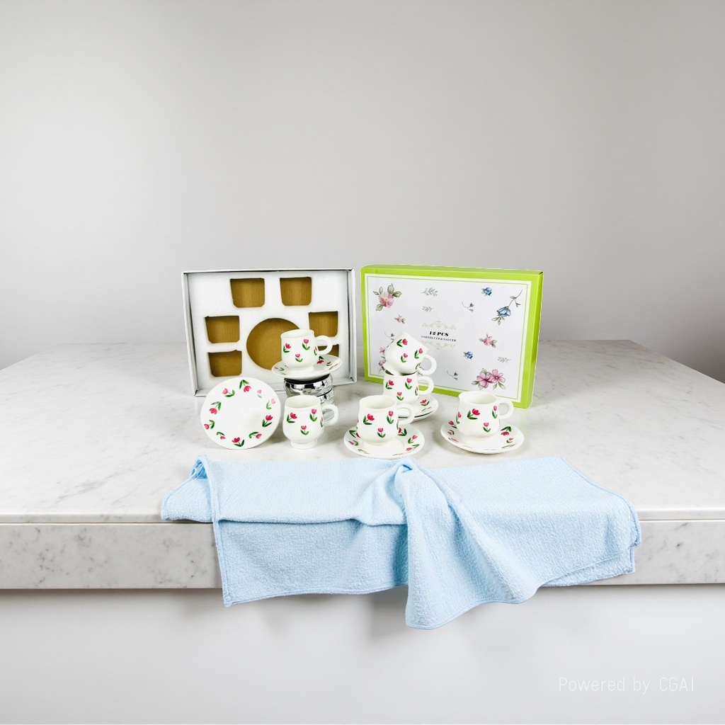 Ceramic white coffee cup and saucer set gift box, six coffee cups and saucers with small floral patterns Application Scenario
