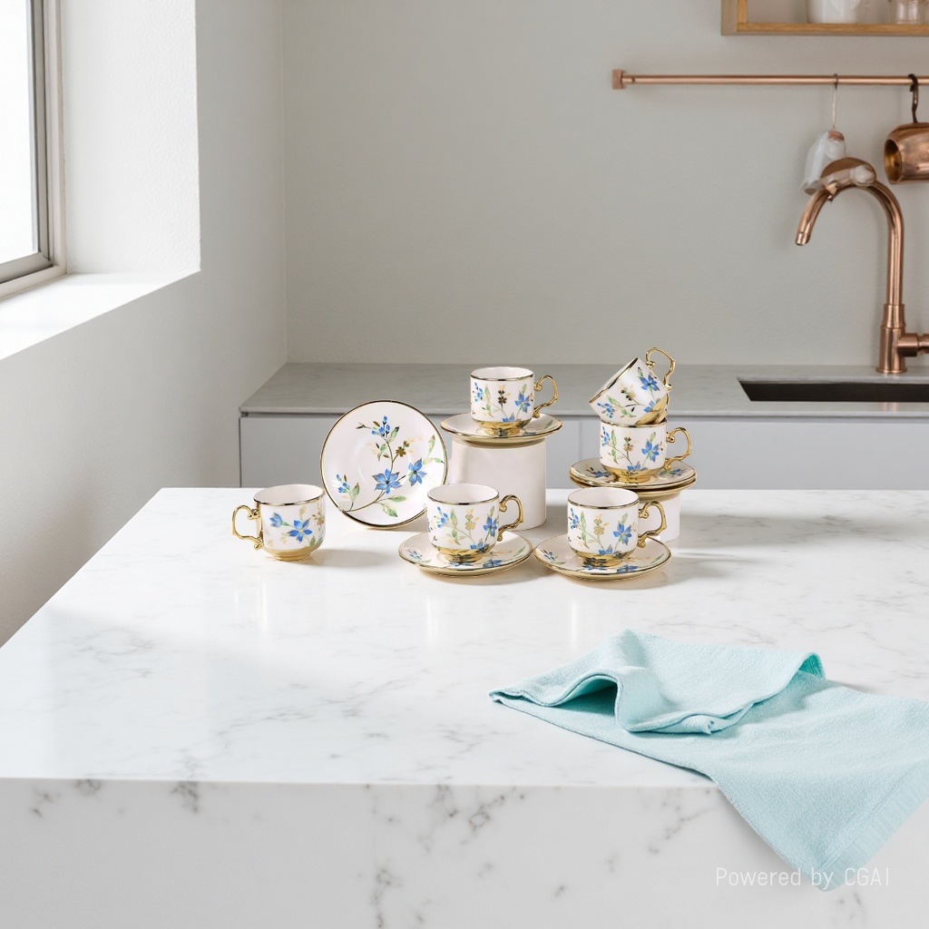 European-style gold-edge patterned ceramic coffee cups and saucers set gift box, six cups and six saucers