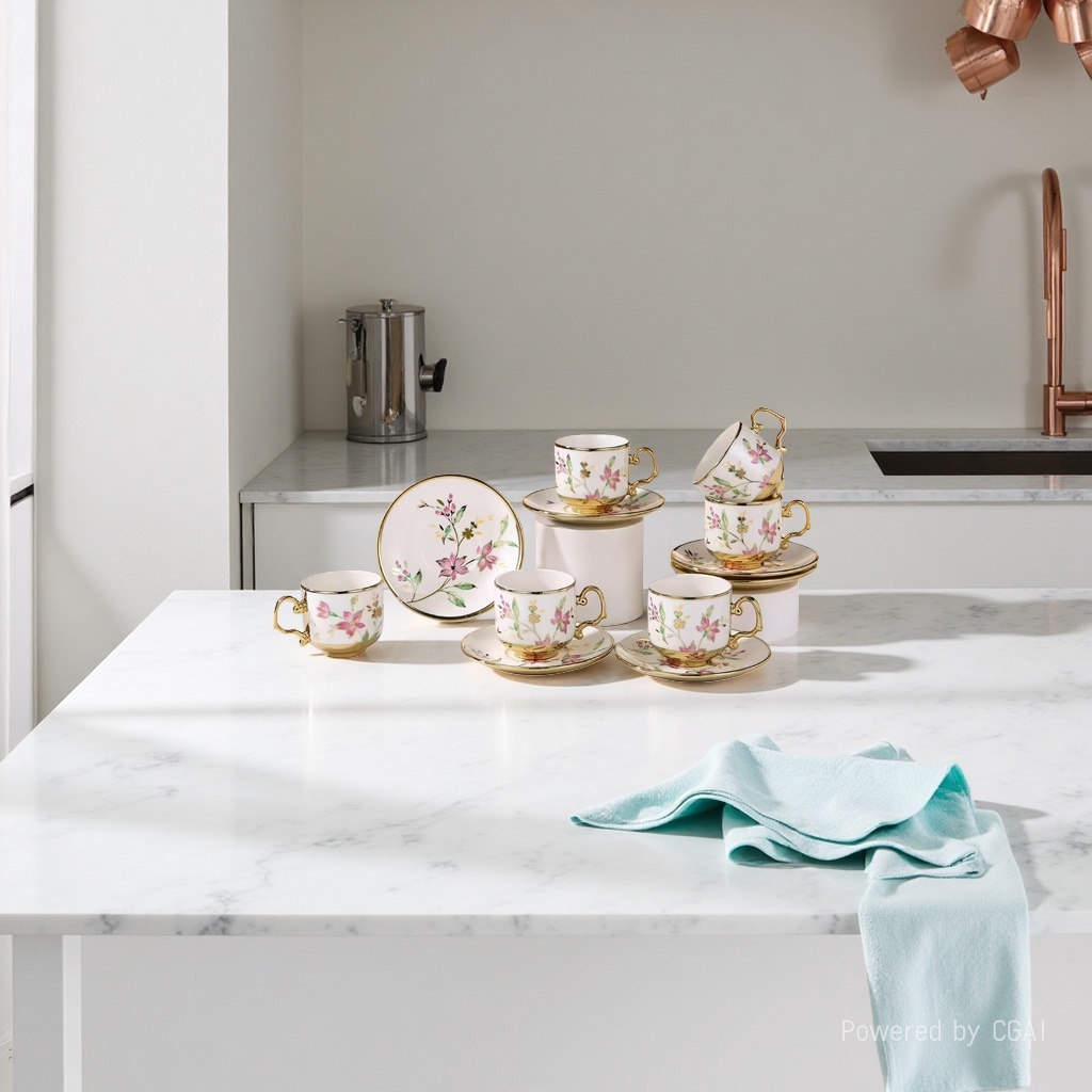 European-style gold edge floral pattern ceramic coffee cup and saucer set gift box, six cups and six saucers, 112331680