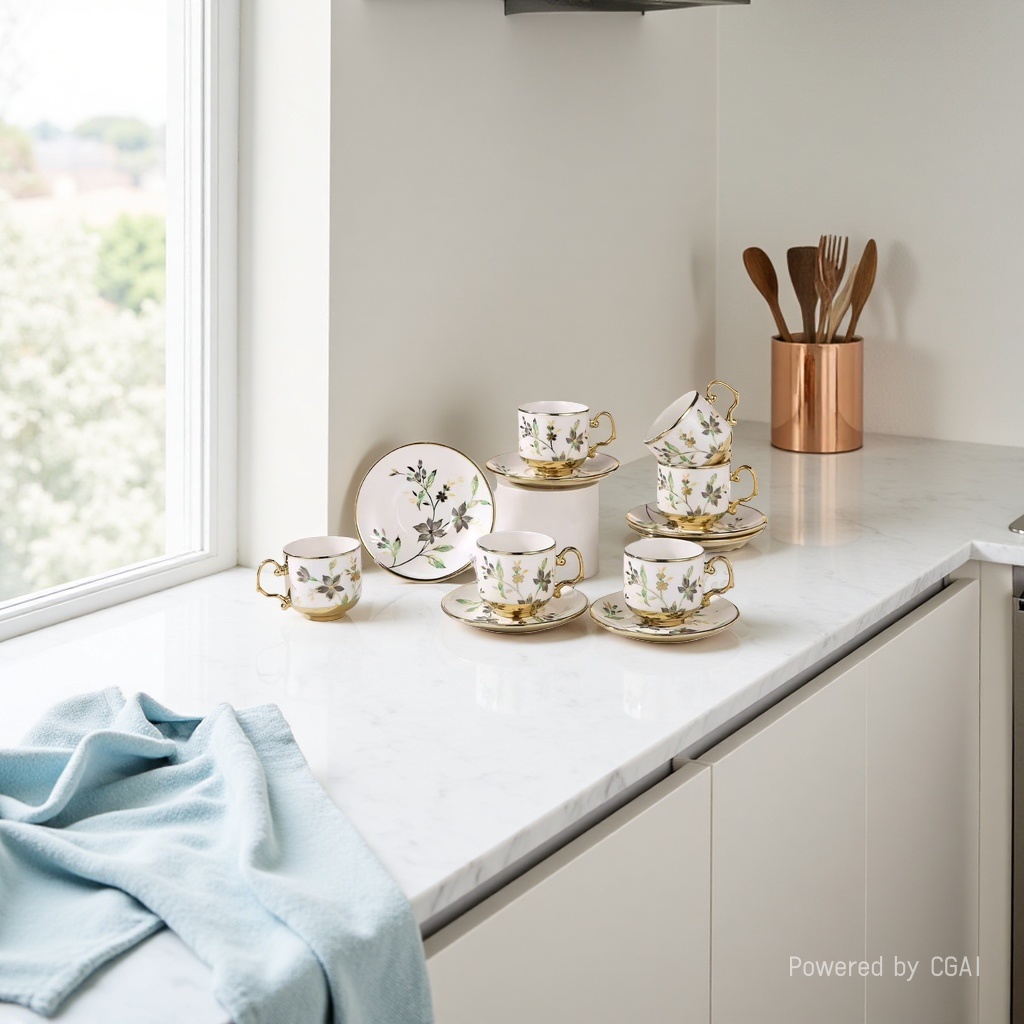 European-style gold edge floral pattern ceramic coffee cup and saucer set gift box, six cups and six saucers, 112408663 Application Scenario