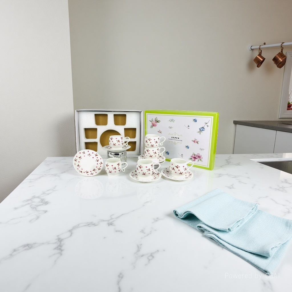 The ceramic white coffee cup and saucer set gift box contains six coffee cups and saucers with a bow pattern