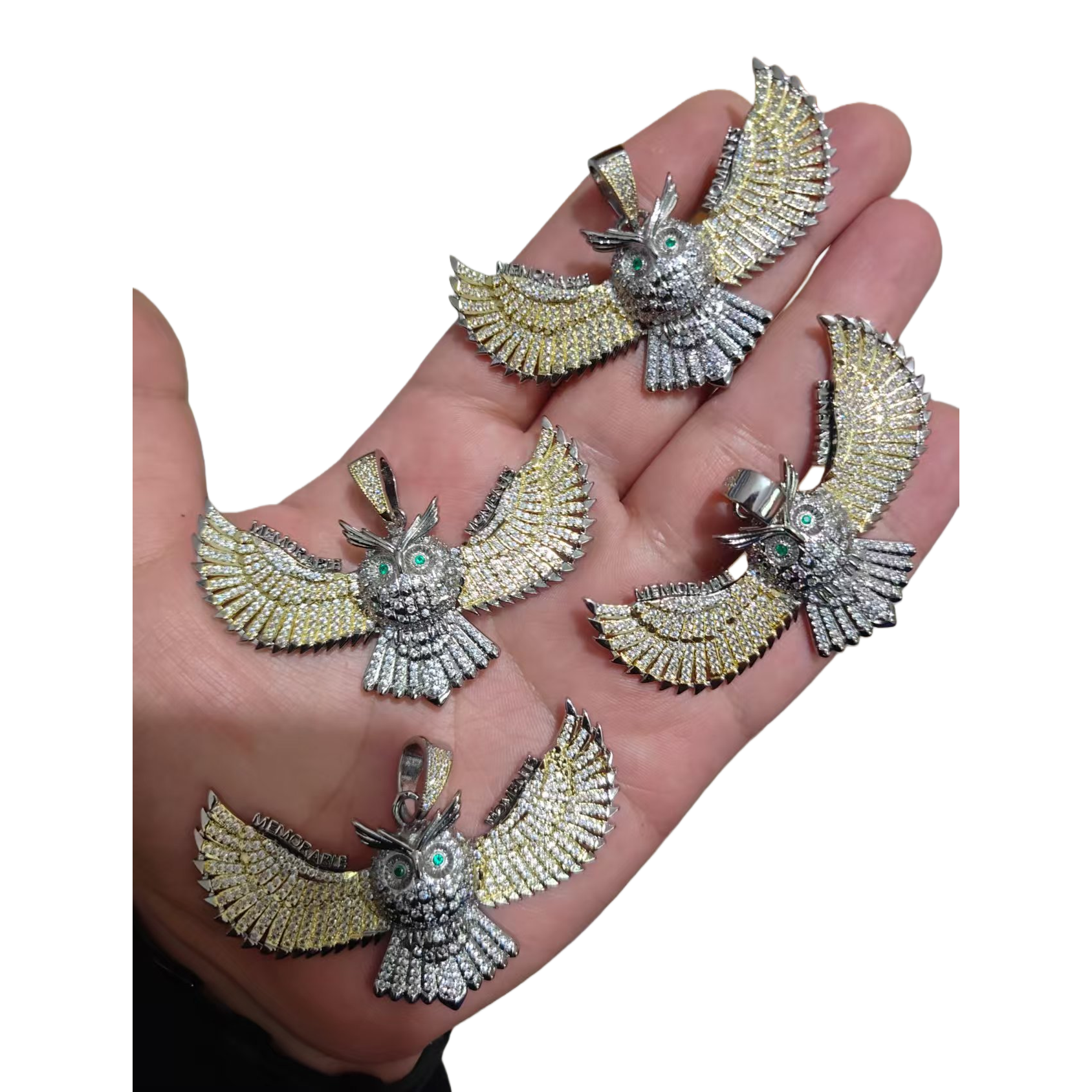 Silver and gold diamond-encrusted owl pendant Item Picture