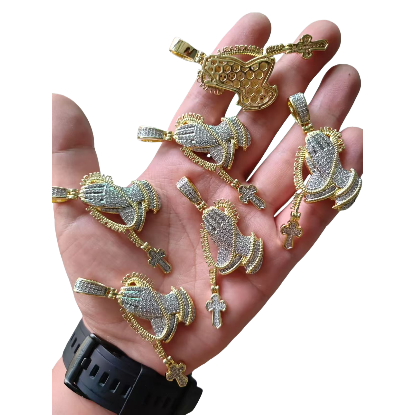 A golden diamond-encrusted prayer gesture pendant with a cross hand holding fruit shell bracelet and electroplated dot diamond jewelry Item Picture