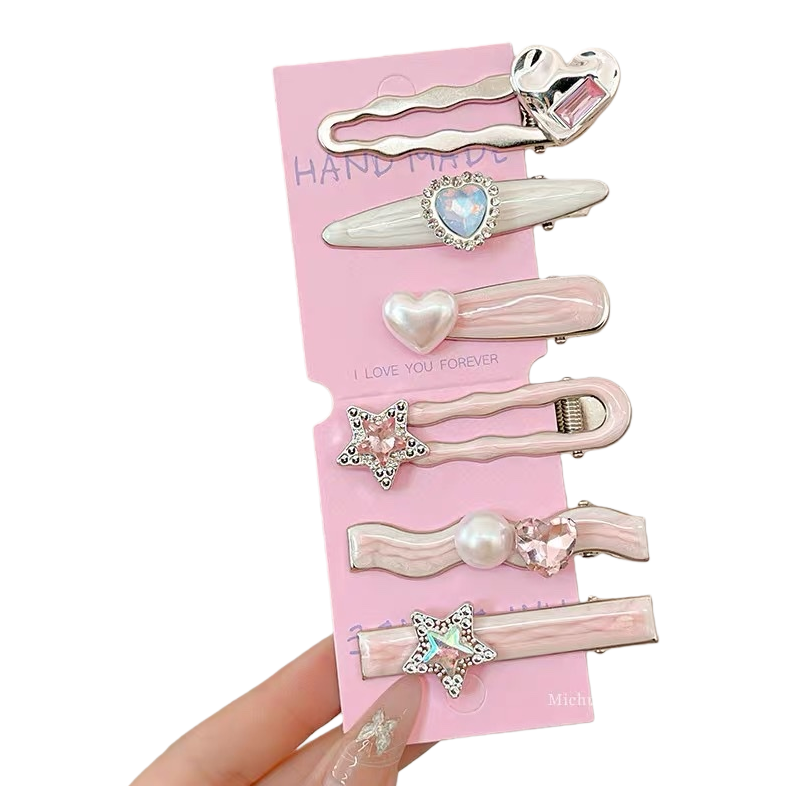 Pink heart-shaped star-shaped pearl metal hair clip and grab accessory Item Picture