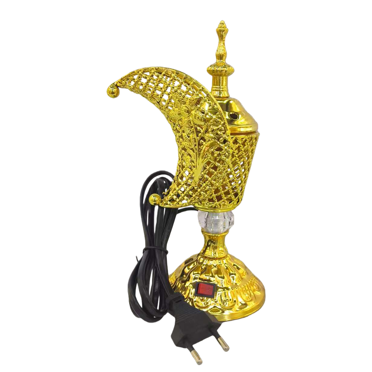 Arab incense burner, golden hollowed-out purple copper incense burner with green sapphire decoration, black power incense stick, engraved incense stick Item Picture