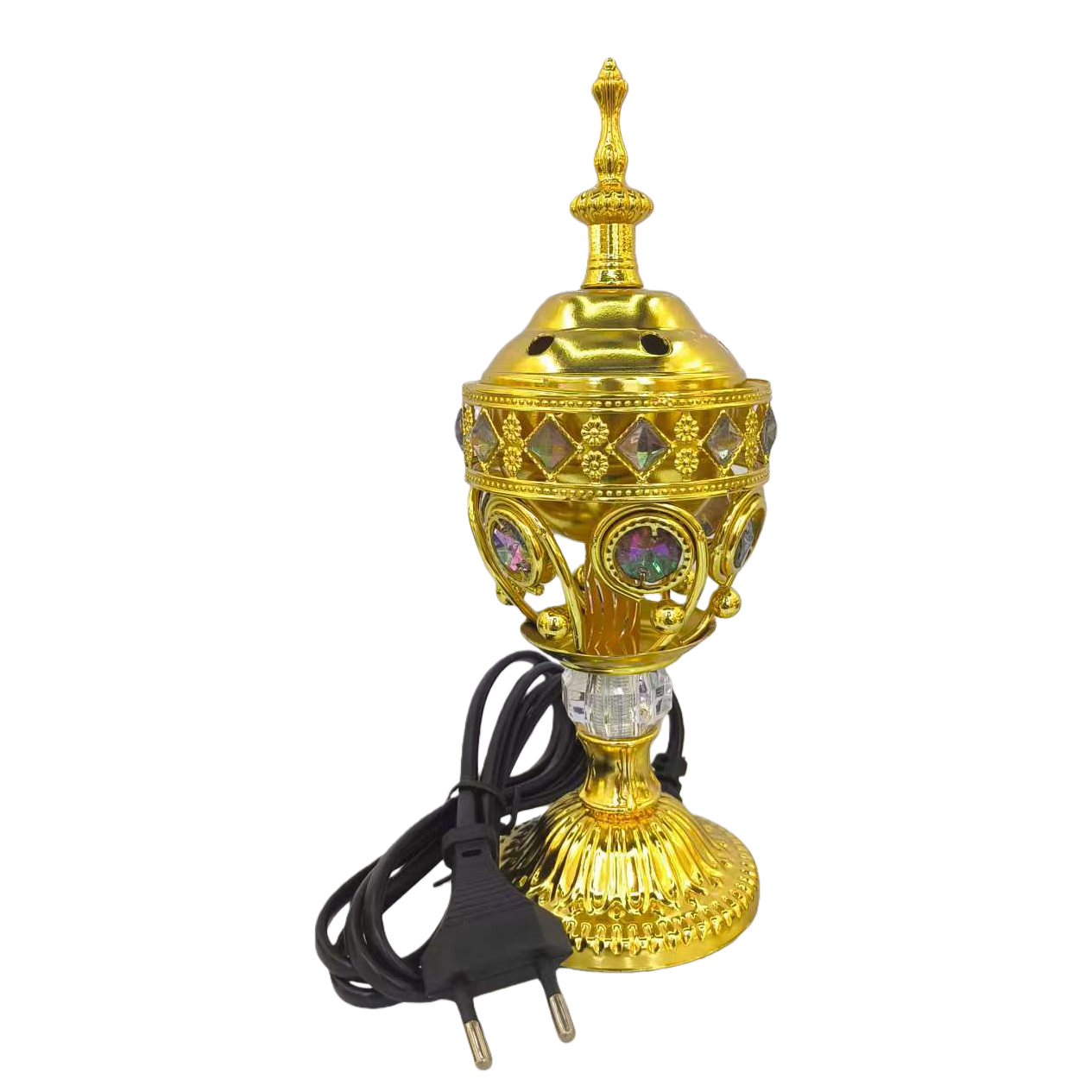 Golden hollowed-out purple copper incense burner with green sapphire decoration, black power incense stick, incense seal, Arabic alloy incense burner Item Picture