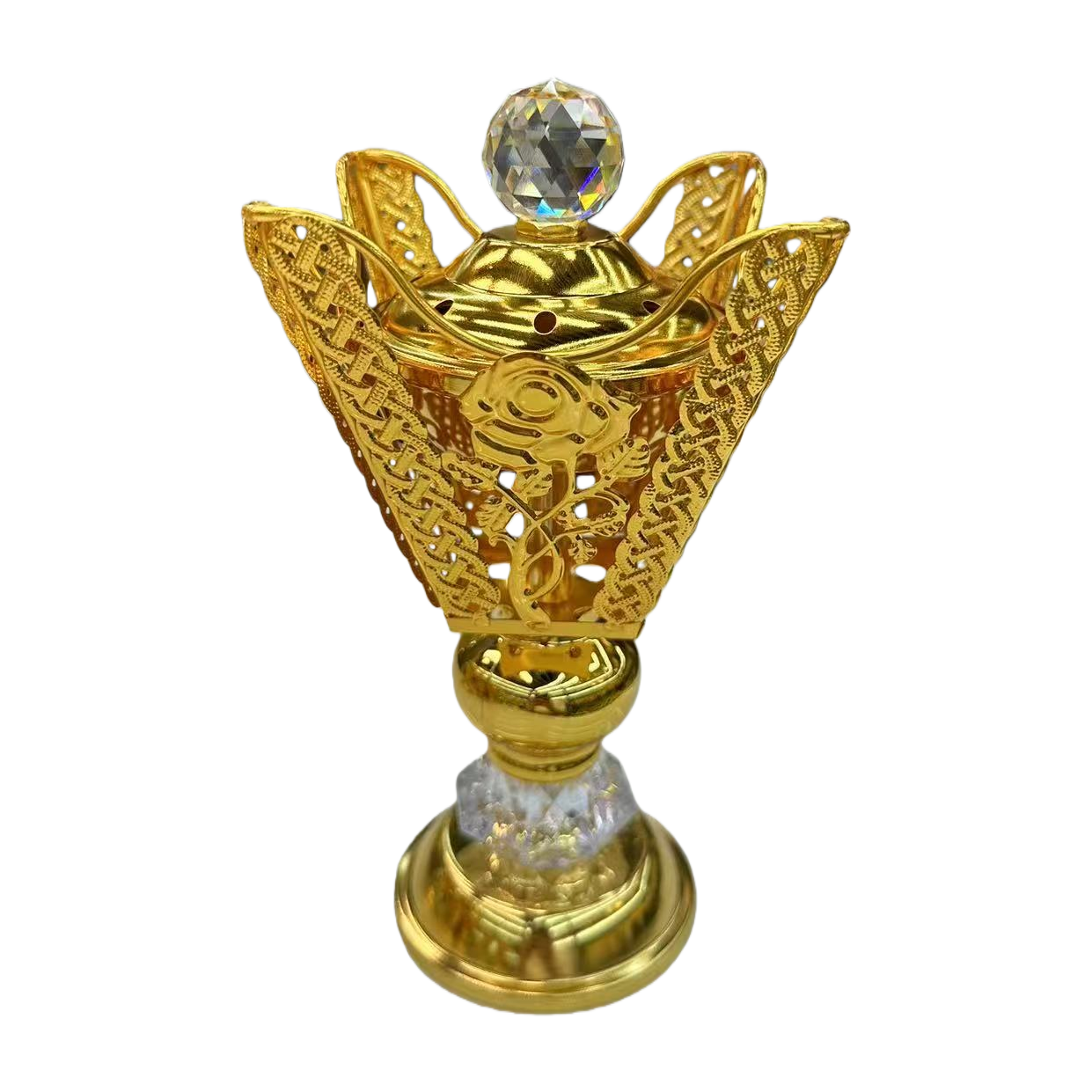A golden hollowed-out Arabian alloy incense burner with green and sapphire decorations, featuring a black power stick and incense seal Item Picture