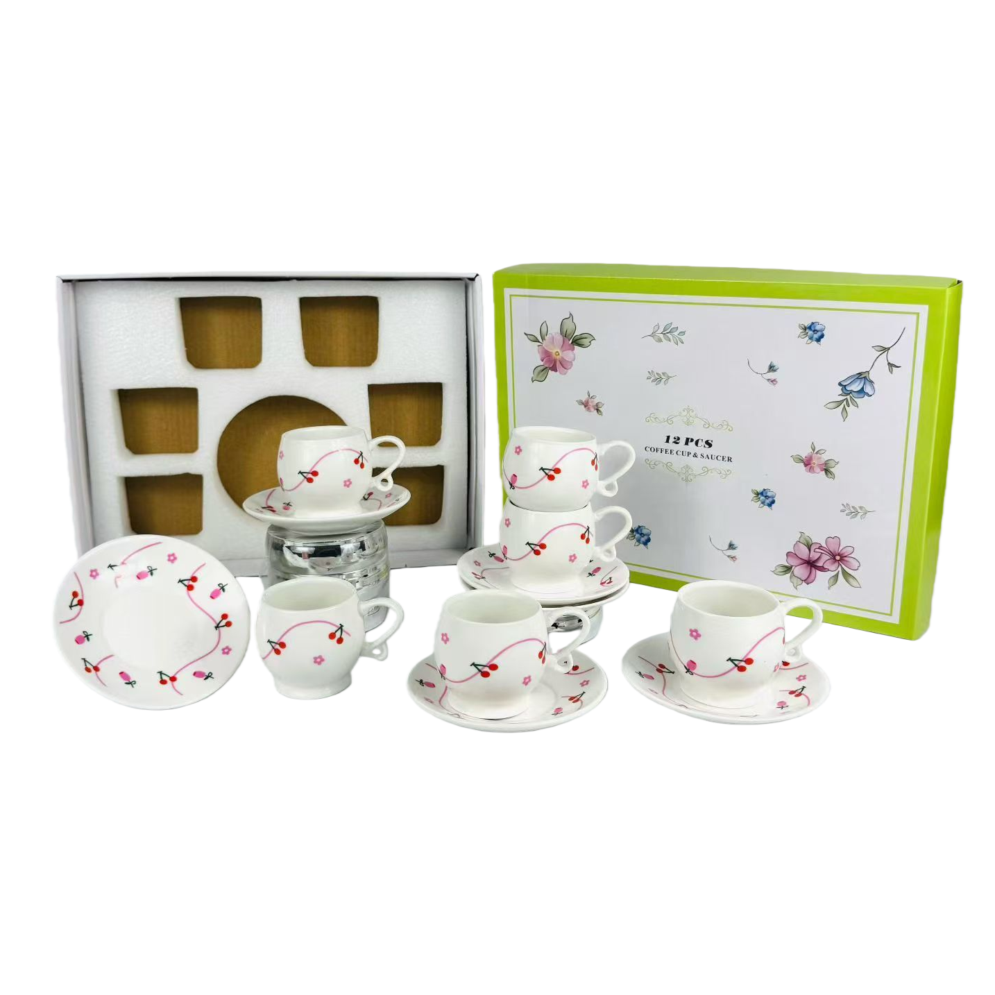 Cerámica blanca taza de café y platillo set caja de regalo contiene cereza diseño floral taza de café y platillo seis tazas seis platos Item Picture