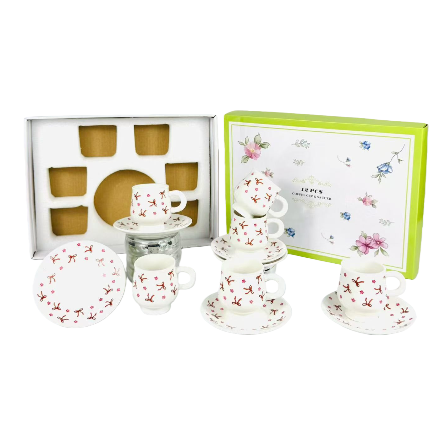 Ceramic white coffee cup and saucer set gift box contains six coffee cups and saucers with cherry flower patterns Item Picture