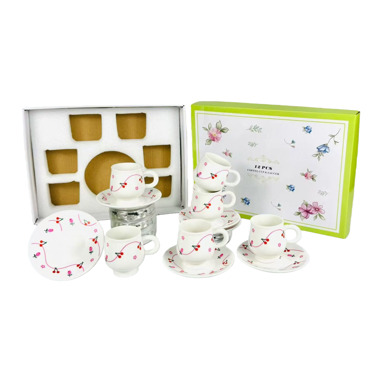 Ceramic white coffee cup and saucer set gift box contains six coffee cups and saucers with cherry flower patterns Application Scenario