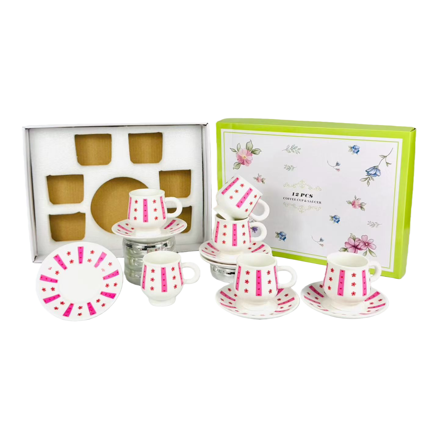A fresh and delicate floral patterned ceramic white coffee cup and saucer set gift box, six cups and six saucers Item Picture