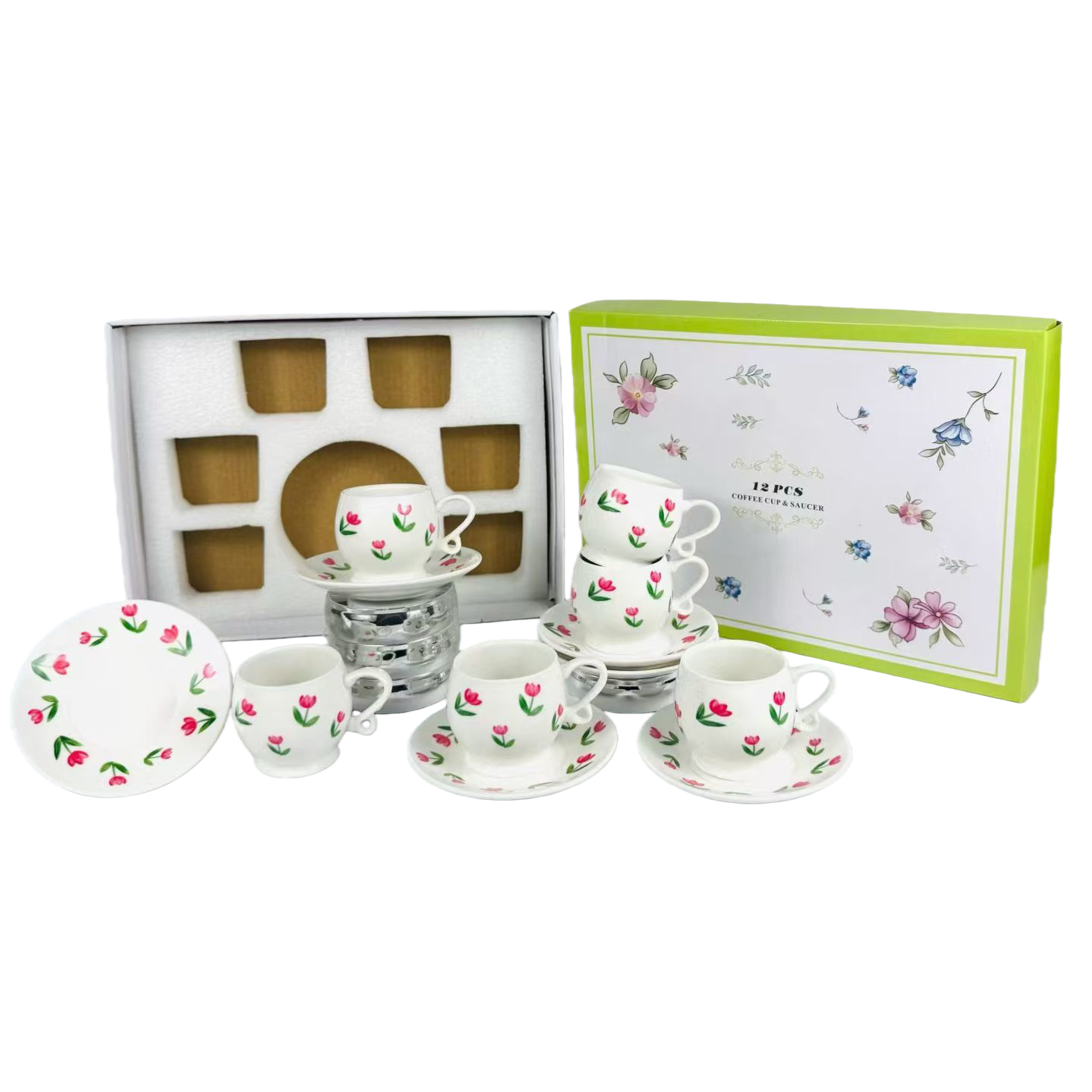Fresh and delicate floral patterned ceramic white coffee cup and saucer set gift box, six cups and six saucers, 112015274 Item Picture