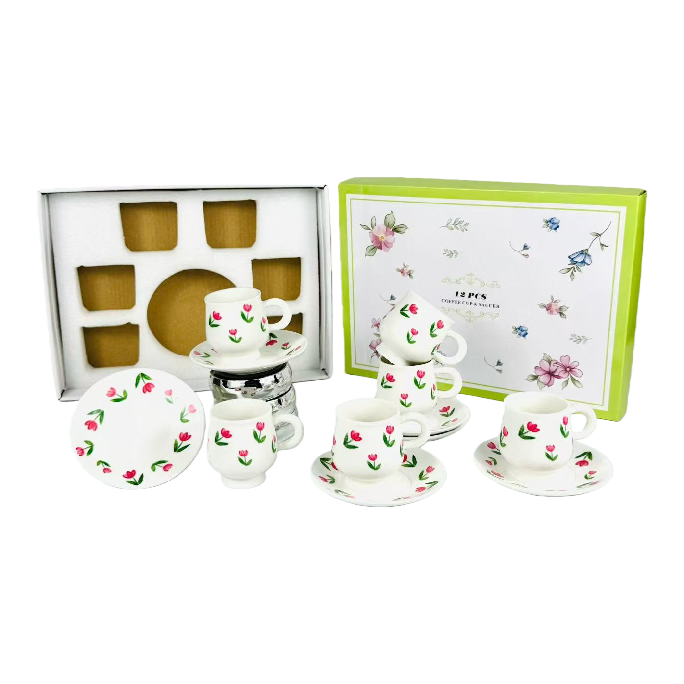 Ceramic white coffee cup and saucer set gift box, six coffee cups and saucers with small floral patterns Item Picture