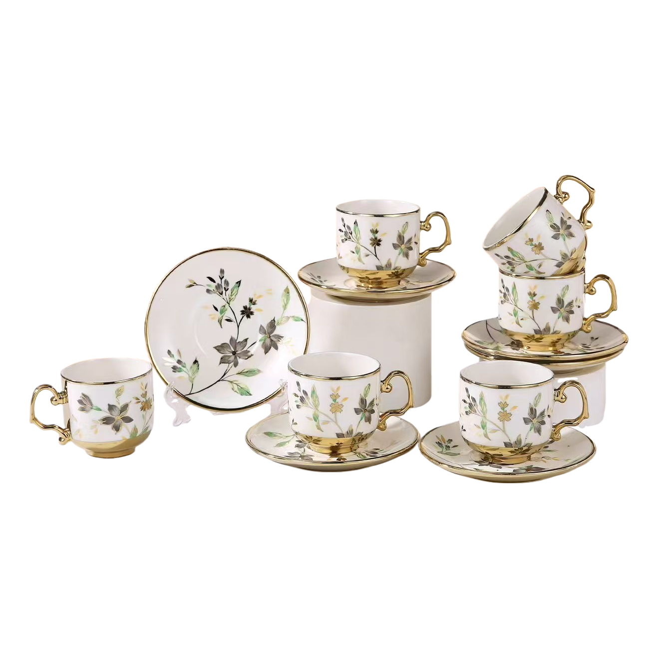 European-style gold edge floral pattern ceramic coffee cup and saucer set gift box, six cups and six saucers, 112408663 Item Picture