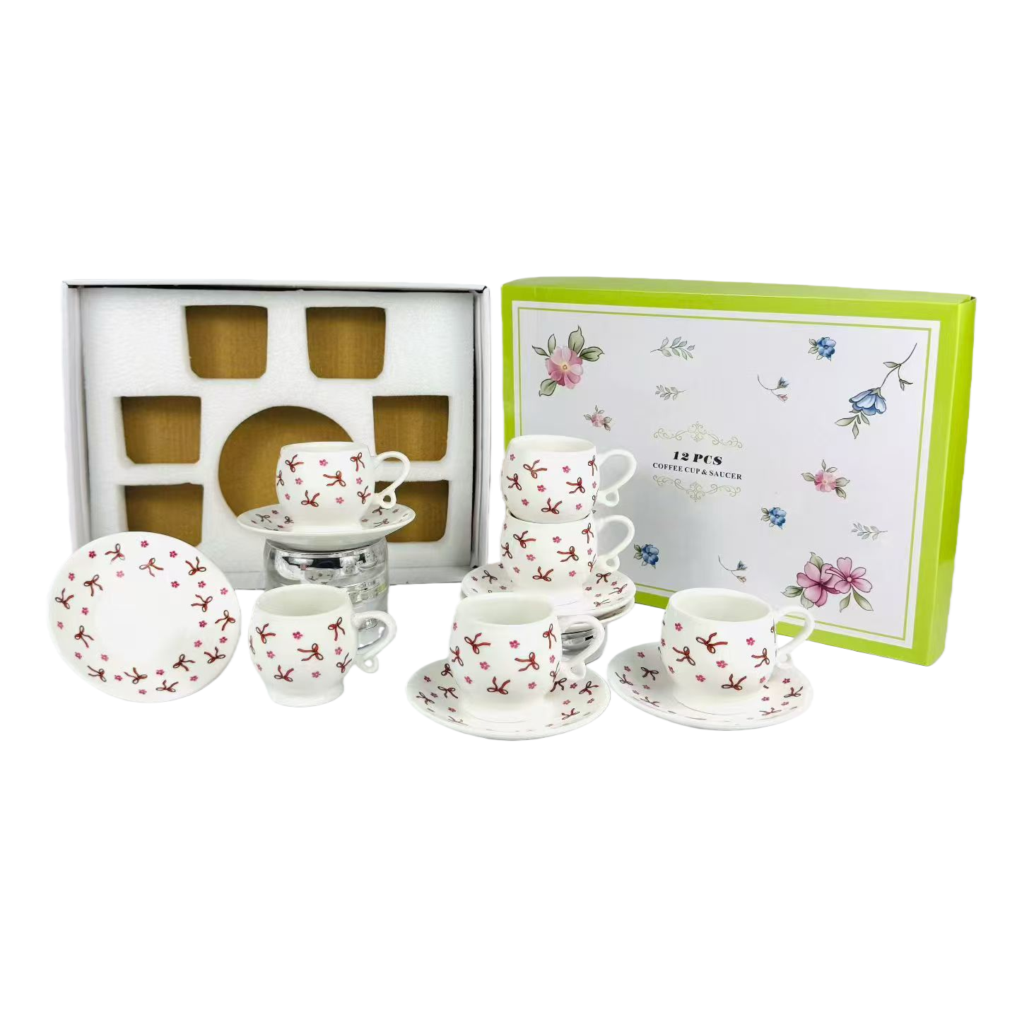 Cerámica blanca taza de café y platillo set caja de regalo contiene arco patrón taza de café y platillo seis tazas y seis platillos Item Picture